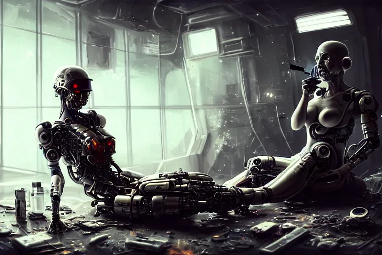 Image similar to Ultra realistic illustration, beautiful alluring damaged cyborg sitting on the floor of a destroyed spaceship, smoking a cigarette while being put back together in an super advanced military medical bay, cyberpunk, sci-fi, fantasy, sparks, small flames, smoke, intricate, elegant, highly detailed, digital painting, artstation, concept art, smooth, sharp focus, illustration, gorgeous cinematic lighting, art by artgerm and greg rutkowski and alphonse mucha