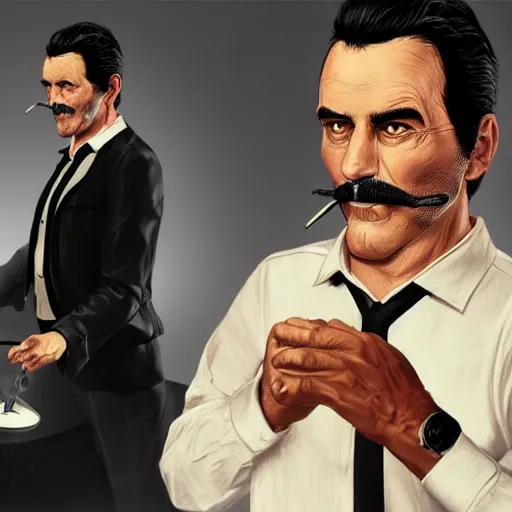 Image similar to a midage italian male, no beard, short black hair with gel, sharp teeth, overweight, fine white shirt, leather belt, black pants, leather shoes, smoking a cigar, full body, gta v style, concept art, highly detailed, hyper realistic, unreal engine