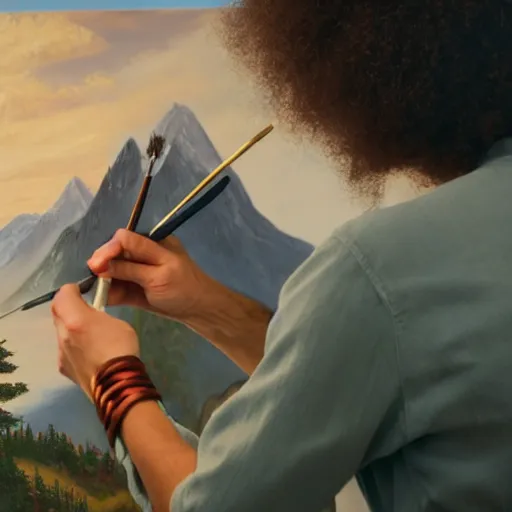 Image similar to a closeup photorealistic photograph of bob ross working on a canvas painting of wonder woman. film still. brightly lit scene. mountains and trees. this 4 k hd image is trending on artstation, featured on behance, well - rendered, extra crisp, features intricate detail, epic composition and the style of unreal engine.