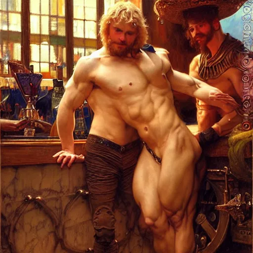 Image similar to attractive muscular arthur pendragon and muscular attractive merlin go to a pub together to have some drinks. highly detailed painting by gaston bussiere, craig mullins, j. c. leyendecker, alphonse mucha 8 k