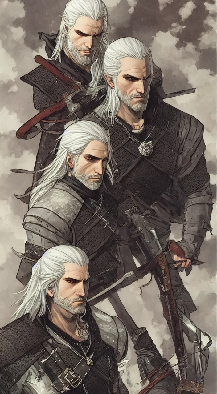 Prompt: geralt form witcher by range murata and mucha