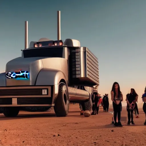 Image similar to 4 k hdr wide angle sony a 7 photo of a stainless steel shiny cybertruck surrounded by a mob of beautiful instagram model women protestors on mars during a blue martian sunset