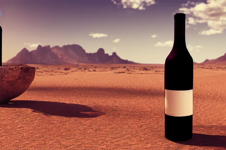 Image similar to wine bottle buried in oasis in the middle of a desert, dramatic, mid day, mountain background, large scale, hyperrealistic, lots of detail, realistic lighting, octane render, by wlop, artgerm, trending on artstation
