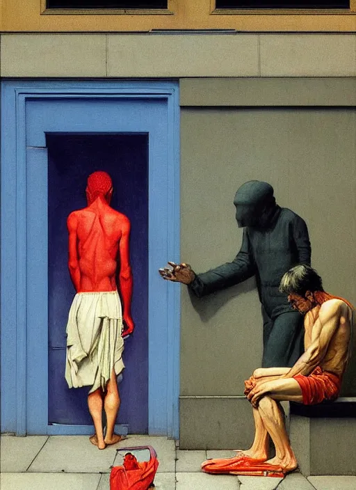 Prompt: a deity meeting a poor beggar on the streets of london 1 9 8 4 edward hopper and james gilleard, zdzislaw beksinski, in the style of francis bacon, surreal, norman rockwell and malcolm liepke james jean, greg hildebrandt, and mark brooks, triadic color scheme, by greg rutkowski, in the style of syd mead