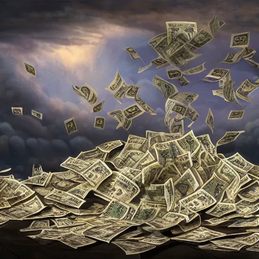 Prompt: huge tornado made of dollar bills, heavy winds carrying dollars in the air, dark clouds of cash in the background, Realistic, Regal, Refined, Detailed Digital Art, Michael Cheval, Walt Disney (1937), François Boucher, Oil Painting, Steampunk, Highly Detailed, Cinematic Lighting, Unreal Engine, 8k