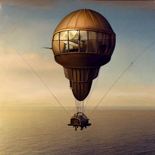Prompt: Colour photo of steampunk airship flying across the Atlantic Ocean