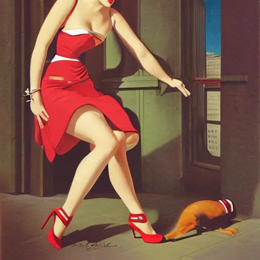 Prompt: woman, city, street, kitten heel, by gil elvgren, olivia