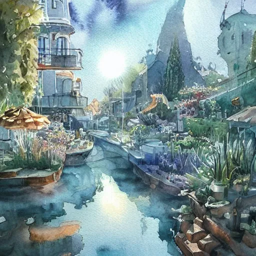 Image similar to Beautiful happy picturesque charming sci-fi town in harmony with nature. Beautiful light. Water and plants. Nice colour scheme, soft warm colour. Beautiful detailed artistic watercolor by Vincent Bons. (2022)