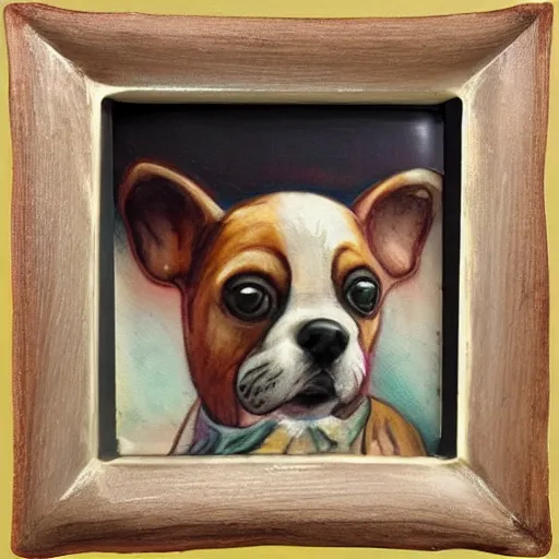 Prompt: painted colorful wooden frame, elegant, 1 9 2 0 s, for a square picture of a happy dog. the frame is ornate and has room for the name tag of the dog. digital art
