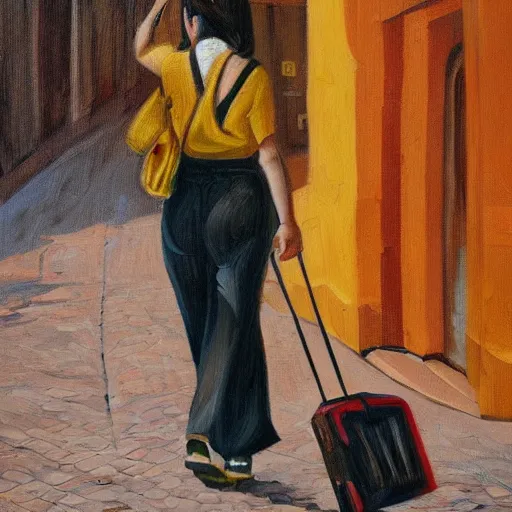 Prompt: high detail oil painting style portrait of Asian woman with mustard coloured suitcase dancing through a city street in Spain