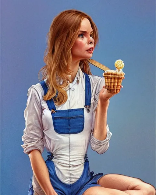 Image similar to a blonde fuller figured barbara bach from the bond film wearing blue dungarees and eating ice creams in porto, real life skin, intricate, elegant, highly detailed, artstation, concept art, smooth, sharp focus, art by artgerm and greg rutkowski and alphonse mucha