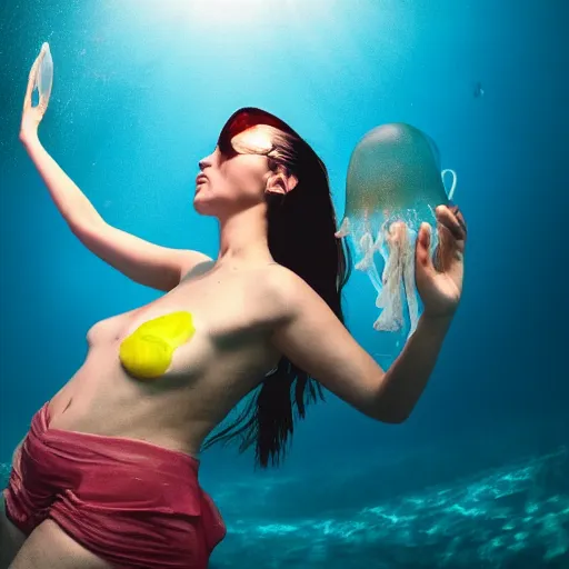 Prompt: masterpiece wide angle portrait of a beautiful woman swimming with jellyfish, dynamic lighting, colored, translucent, national geographic