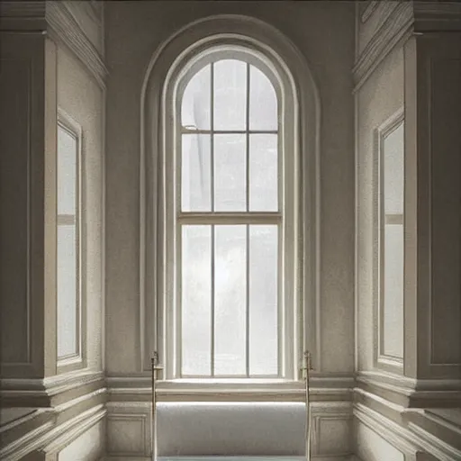 Prompt: cream - colored room, vanilla - colored lighting, marble room, marble slabs, window to night time, night time, warm lighting inside, art by artgerm n - 9