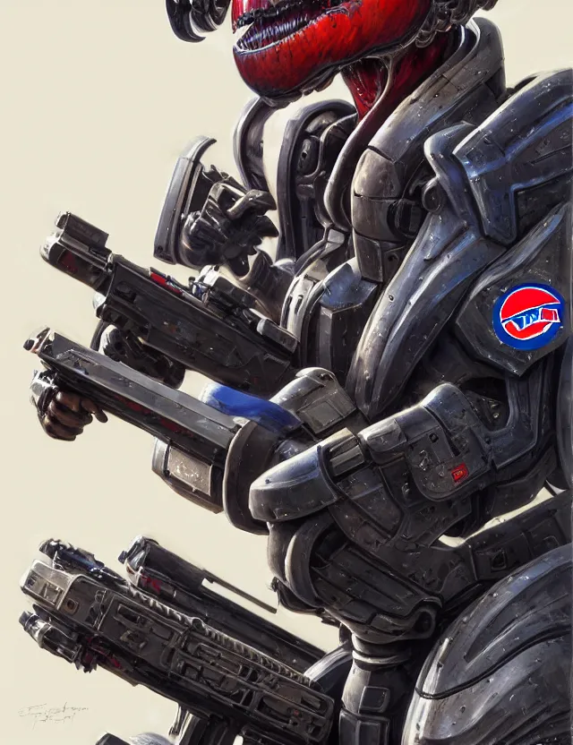 Image similar to a portrait of a tactical exoskeleton with miniguns painted with the pepsi logo, by moebius and tyler edlin and hr giger, trending on artstation, digital art, 4 k resolution, detailed, high quality, sharp focus, hq artwork, coherent, insane detail, concept art