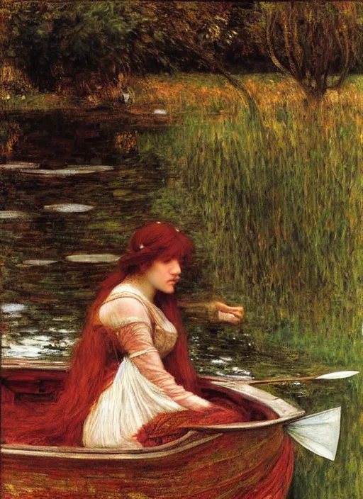 Image similar to lady of shallot as ophelia in a boat by john william waterhouse, rosetti, monet, william holman hunt, 8 k