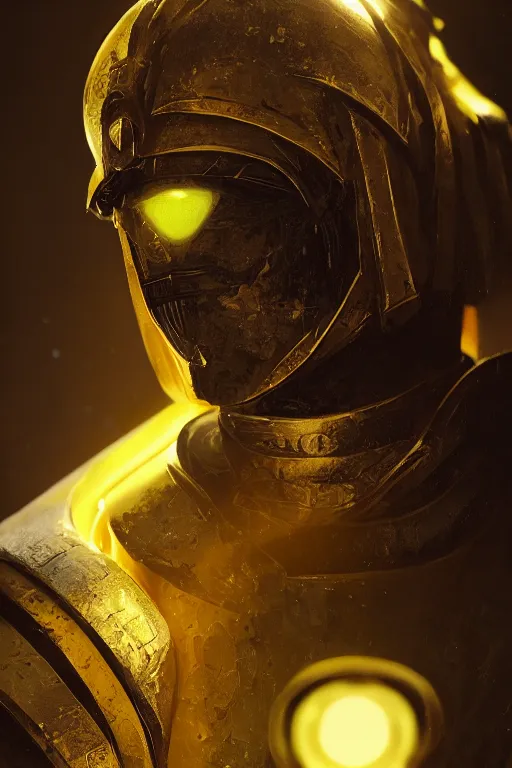 Prompt: A fancy close up of a glowing yellow medieval Holy Knight by Greg Rutkowski, Sung Choi, Mitchell Mohrhauser, Maciej Kuciara, Johnson Ting, Maxim Verehin, Peter Konig, 8k photorealistic, cinematic lighting, HD, high details, dramatic, trending on artstation