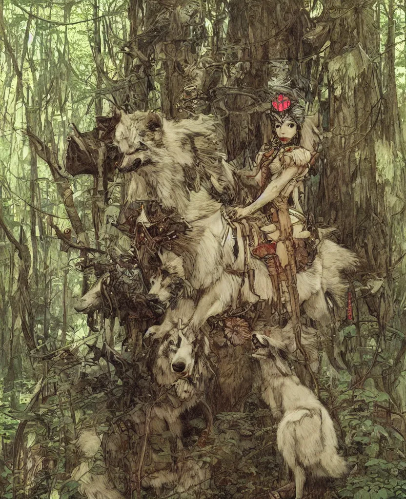 Image similar to portrait of Princess Mononoke, wolves, fully clothed in armor, lush forest, neon, concept art, schematics, painted by norman rockwell, mucha, james gurney, high detail, denoised, sharp, architectural