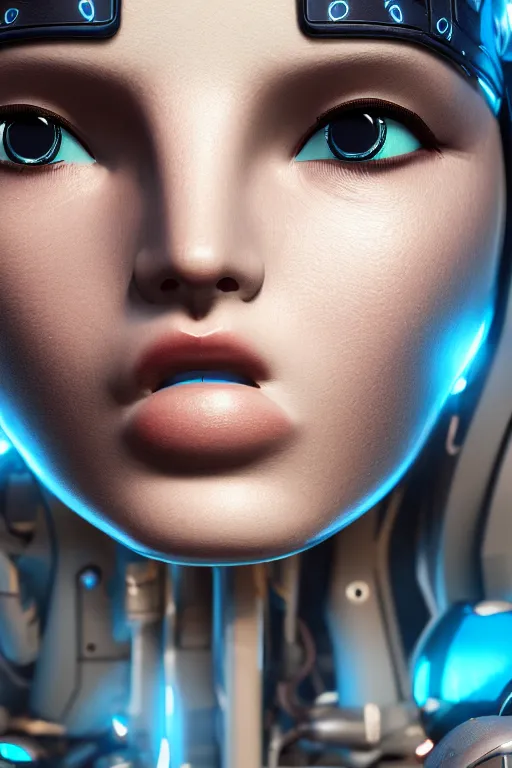 Image similar to close up headshot of a female android, intricately detailed mechanical parts, complicated circuits and wires, beautiful gazing symmetric blues eyes, unreal engine, path tracing, 8k, artstation