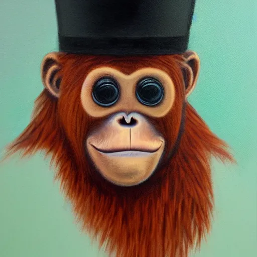 Prompt: framed portrait painting of an anthropomorphized orangutan, wearing a monocle and a small bowler hat, oversized mustache. dark outlining style. highly detailed. style of chuck u