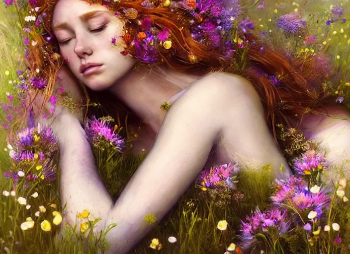 Image similar to cute female bride laying down and swathed in flowers, perfect face, tiara, ginger hair, abs, cinematic, freckles, stunning, athletic, strong, agile, highly detailed, psychedelic, digital painting, artstation, smooth, hard focus, illustration, art by jessica rossier and and brian froud