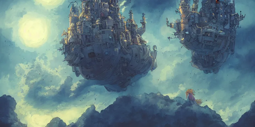 Prompt: Howl\'s Moving Castle at night, dark, dark blue, hyper-detailed, trending on Artstation, 8k, 4k, high-res, digital art