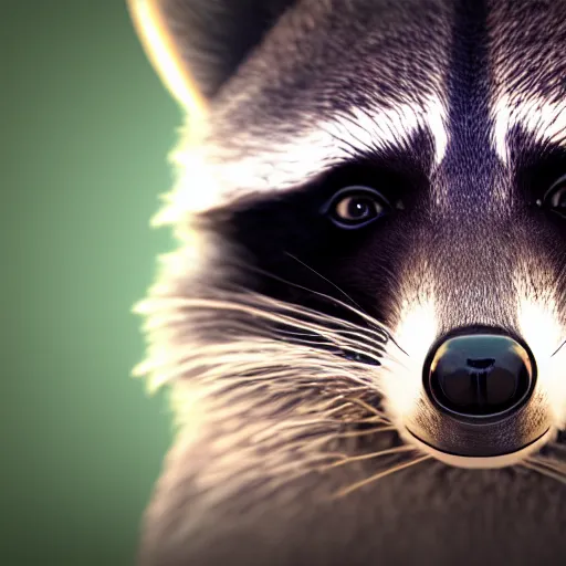 Image similar to a raccoon with a telephoto lens for a nose, octane render, hyperrealism, photorealism, unreal engine, dramatic lighting, volumetric lighting, uplighting