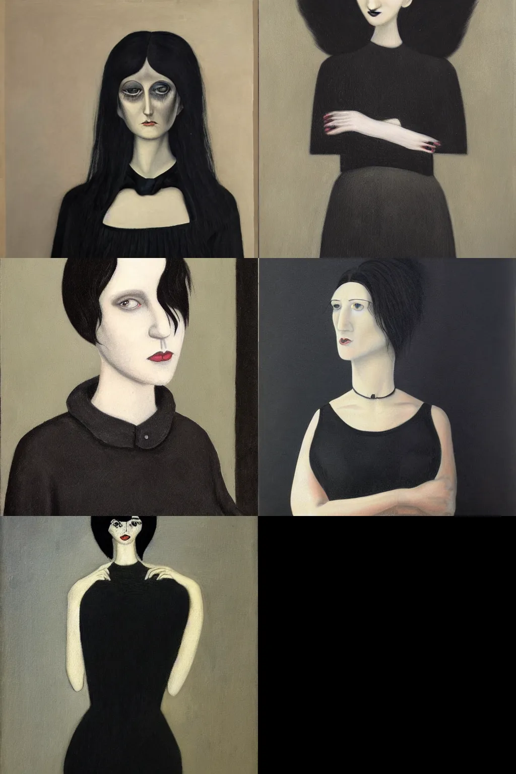 Prompt: a goth portrait painted by gertrude abercrombie. her hair is dark brown and cut into a short, messy pixie cut. she has a slightly rounded face, with a pointed chin, large entirely - black eyes, and a small nose. she is wearing a black tank top, a black leather jacket, a black knee - length skirt, and a black choker.