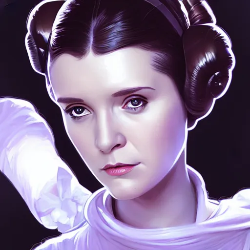 Prompt: Princess Leia, highly detailed, digital painting, artstation, concept art, smooth, sharp focus, illustration, art by artgerm and alphonse mucha, high definition digital art, in the style of ilya kuvshinov and Ross tran