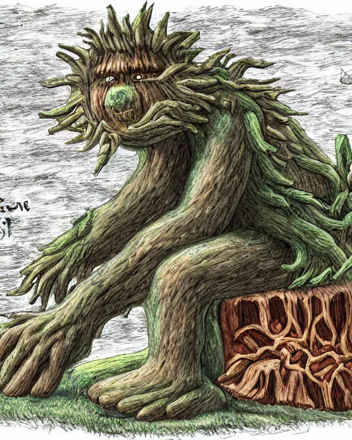 Image similar to a giant relaxed tree monster laying down in a firewood - fire, digital art, high detail