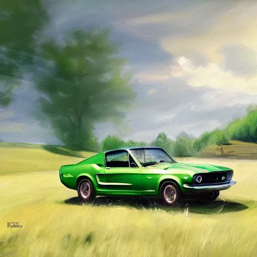 Image similar to green 1967 Ford Mustang GT, Swedish countryside, freedom, dawn, beautiful blonde woman, atmospheric, wlop, artstation, painting by Vladimir Volegov