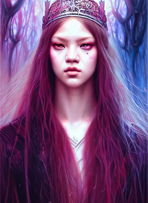 Prompt: jossi of blackpink, king, tarot card, highly detailed, digital painting, smooth, sharp focus, illustration, ultra realistic, unreal engine, 8 k, art by karol bak and agnes cecile