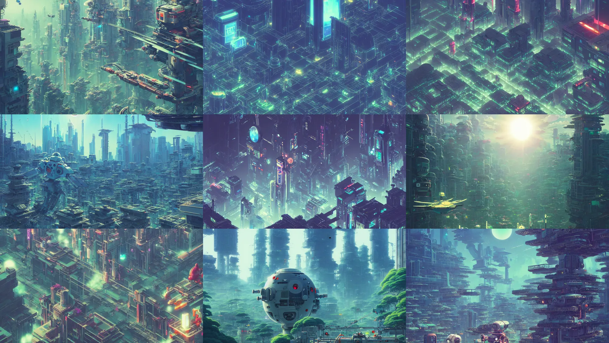 Prompt: studio ghibli, broken robots, in a flying city, solar, green technology, optimist future by asher durand. intricate artwork by tooth wu and wlop and beeple and dan mumford and greg rutkowski and nekroxiii. halo. octane render, cinematic, hyper realism, octane render, 8 k, depth of field, bokeh. iridescent accents. vibrant