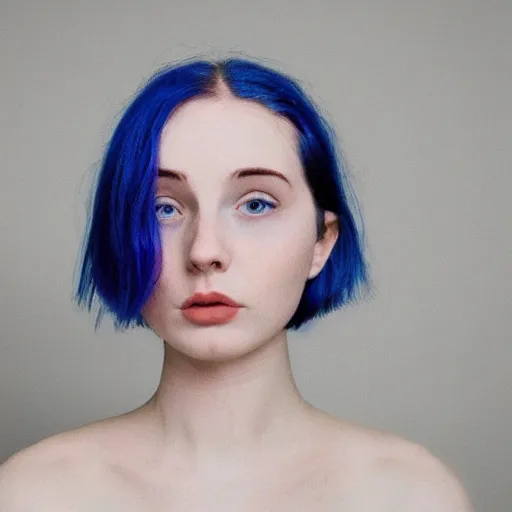 Image similar to a pale girl with blue hair, soft facial features, round face, looking directly at the camera, neutral expression, instagram picture