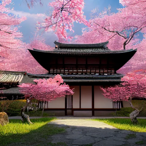 Image similar to hyperrealistic painting of a highly detailed photorealistical samurai, standing in front of traditional Japanese hut, cherry blossom trees outside, Feng Shui Style, cinematic concept art, art station, award winning art, 8k, octane render, unreal engine 5