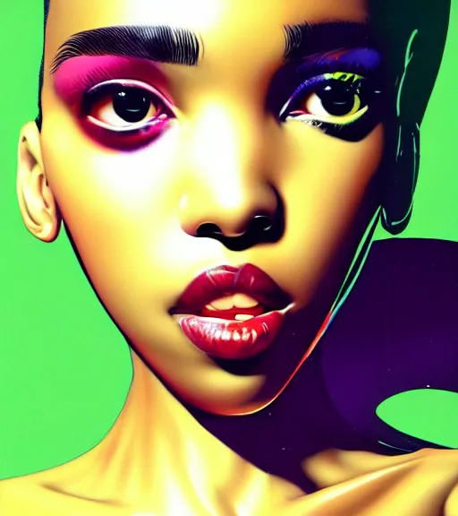 Prompt: beautiful closeup portrait of a black bobcut hair style futuristic fka twigs in a blend of 8 0 s anime - style art, augmented with vibrant composition and color, filtered through a cybernetic lens, by hiroyuki mitsume - takahashi and noriyoshi ohrai and annie leibovitz, dynamic lighting, flashy modern background with black stripes