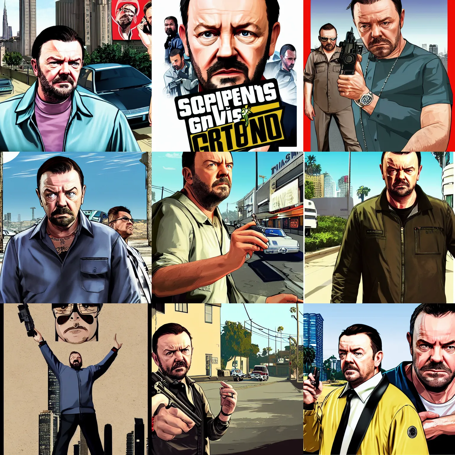 Prompt: ricky gervais in gta v promotional art by stephen bliss, no text, very detailed, professional quality