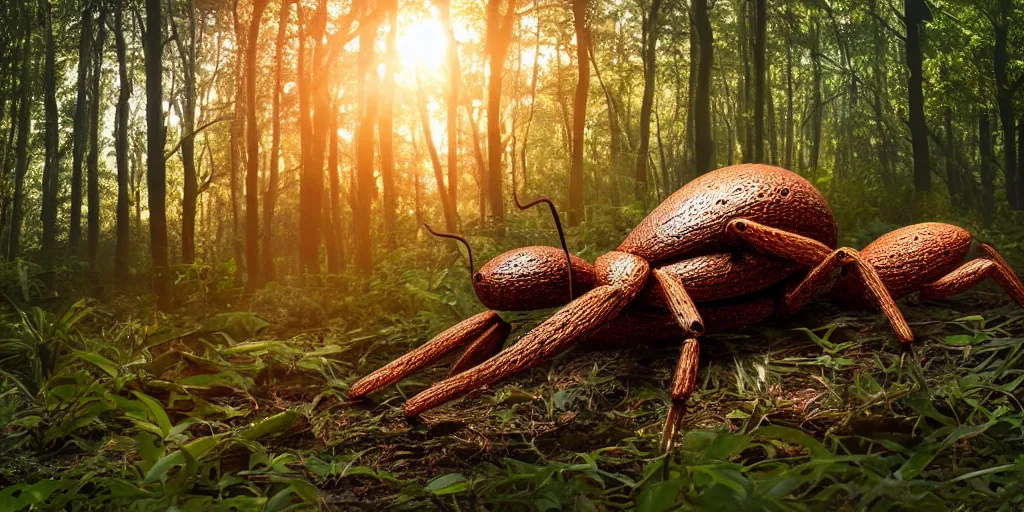 Image similar to a highly detailed giant ant god in the middle of a forest, beautiful ambient light, sun rays hitting the creature, golden hour, 8k photography