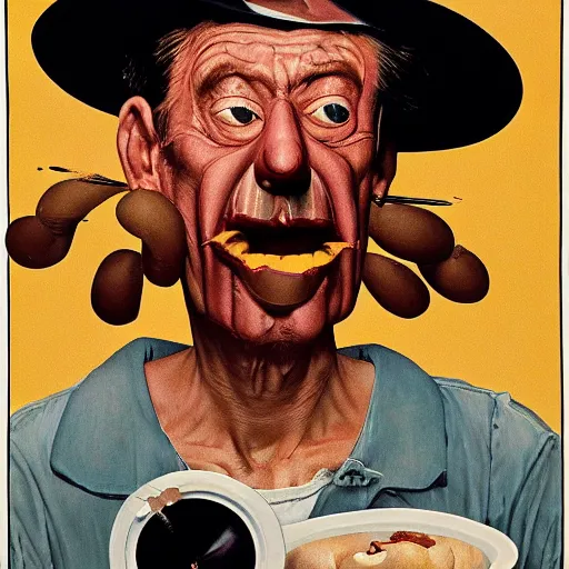 Prompt: hot dog headed man with hard black eyes very scared, rule of thirds, super sharp, 4 k, ultra detailed, norman rockwell, richard corben, epic scope.