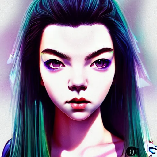 Prompt: closeup front orthographic portrait of anya taylor joy seductive cyberpunk, japanese style, high detail, soft studio lighting, full frontal lighting, digital photography, hyper realistic style, style of masamune shirow