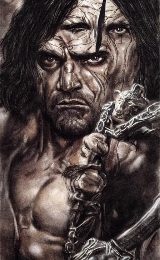 Prompt: oscar isaac as conan the barbarian, portrait, dark atmosphere, high fantasy, chiaroscuro, illustration, art by simon bisley