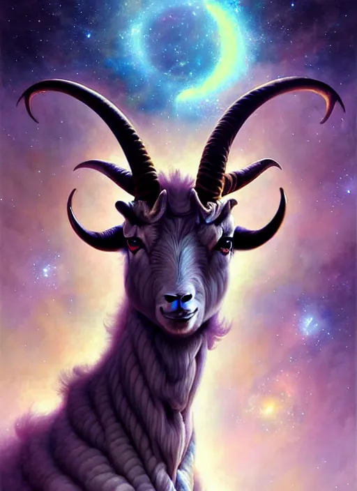 Image similar to capricorn the goat!!!! highly detailed, high contrast, light reflection, trippy, nebula, trending on art station by artgem, by peter mohrbacher, by wlop, by ruan jia