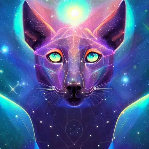 Image similar to Geometric symmetrical fossa with galaxy eyes in space, nebula in the background, intricate, elegant, highly detailed, digital painting, artstation, concept art, smooth, sharp focus, illustration, art by artgerm