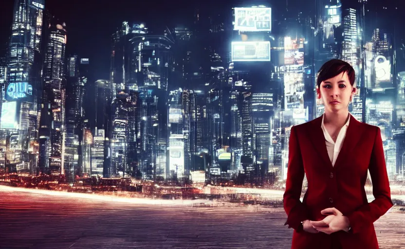 Image similar to a wide shot of a woman with a wool suit, short hair, blurred face, wearing an omega speedmaster on her wrist in front of a crowded dystopian city at night with cyberpunk lights