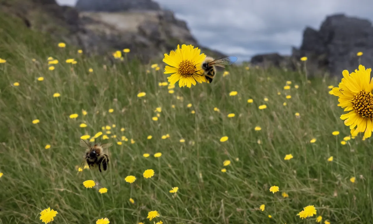 Image similar to a fluffy bee pollinating a yellow daisy, cliffs of moir visible in background. close up photograph, shallow depth of field, overcast day, kodachrome, mid angle