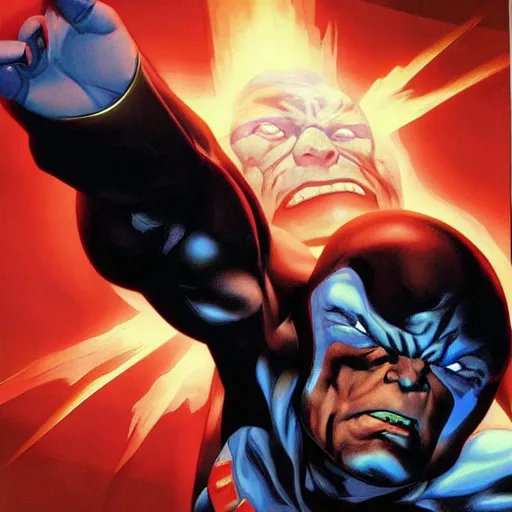 Image similar to Darkseid, destroyer of worlds, by Alex Ross and Yusuke Murata