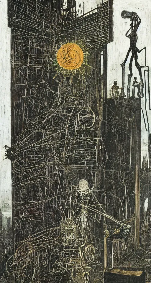 Prompt: solarpunk human technologies by david caspar friedrich, hr giger, Jean-Michel Basquiat