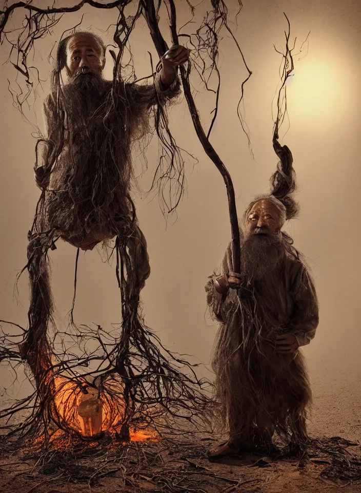 Image similar to full body shot of old asian man with long beard, hanging from a tree, his head upside down, covered in roots, bright multiple glowing eyes, holding a large carved wooden dark fractal stick, hanging upside down, head upside down, thick smoke around him, in the burning soil desert, cinematic shot, wide angle, dark desert background, volumetric lighting by Denis Villeneuve, Lubezki, Gaspar Noe, Christopher Doyle and Alejandro Jodorowsky, anamorphic lens, anamorphic lens flares, kodakchrome, cinematic composition, practical effects, award winning photo, 8k