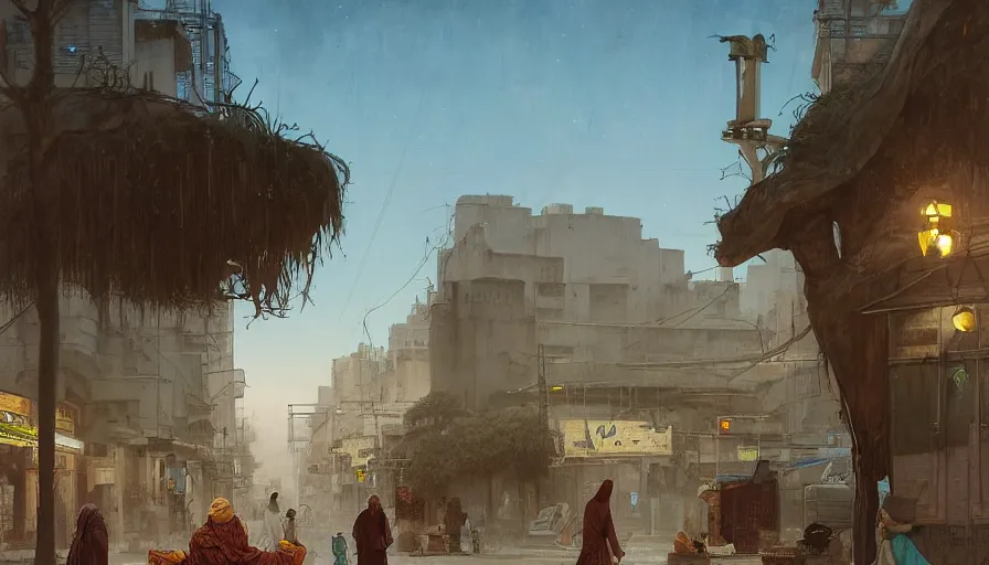 Image similar to jeddah city street, roshan, shops, a bright pharmacy, a nomad wearing a worn out coat, plants, old tree, kids, dramatic lighting fantasy, sci fi, by caspar david friedrich by james gilleard and justin gerard, centered, artstation, smooth, sharp focus, photoreal octane render, by jean baptiste monge, gustave dore, deviantart