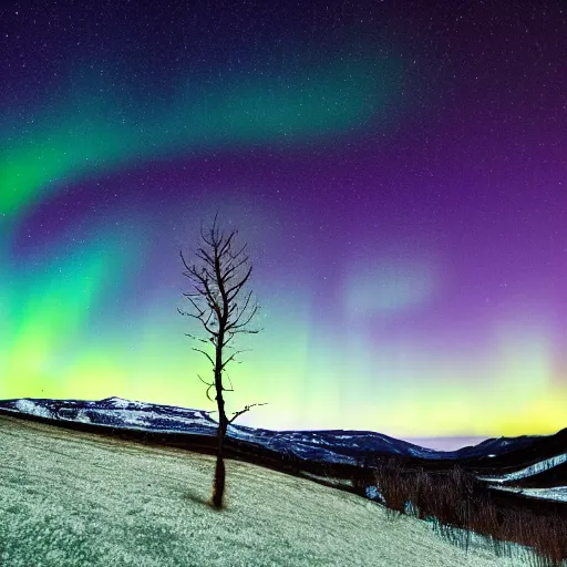 Prompt: beautiful lone tree in the distance on a hill, moonlight, aurora borealis, milky way, landscape photography, hyper-realistic