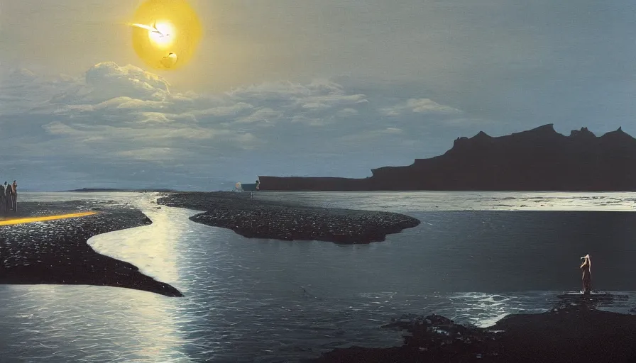 Image similar to solar eclipse in iceland, black sand, water, one tree, syd mead, bright, solarpunk, art station